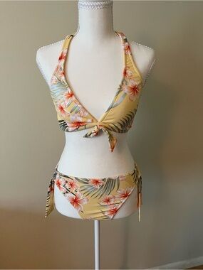 Tropical Yellow Floral Tie-Front Bikini Set - Women Swim